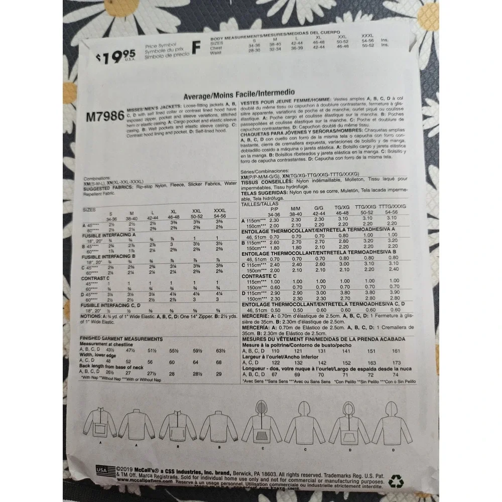 McCall's M7986 Unisex Jacket Sewing Pattern Size XM S-M-L Hooded Pullover Fleece